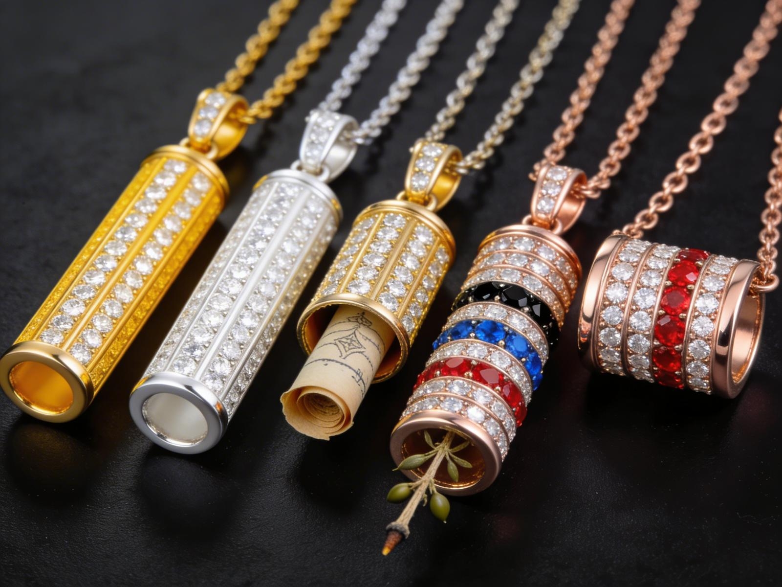 HAssOD — Collection des cinq mezouzot-pendentifs en or jaune, blanc rhodié, or rose, multi-pierres précieuses et rubis pavés