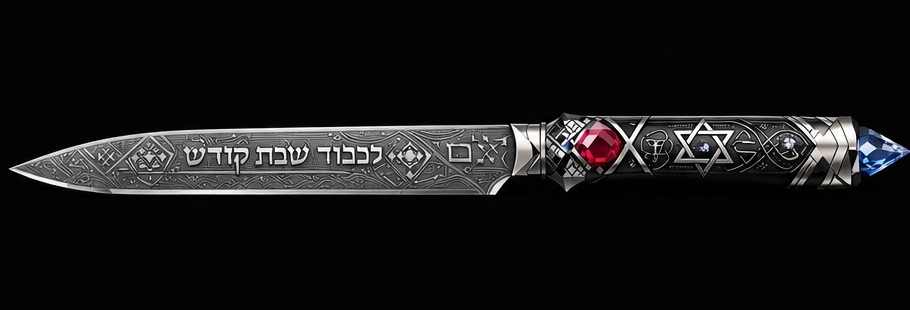 Couteau du Motsi HAssOD — lame damasquinée gravée לכבוד שבת קודש, manche argent serti rubis et saphir