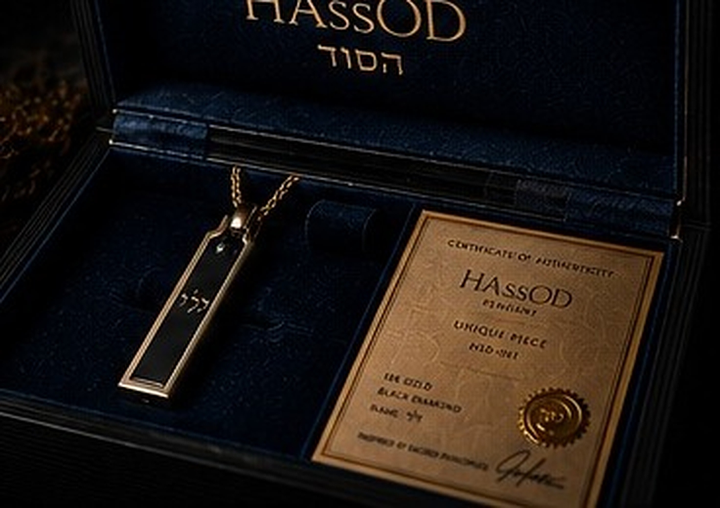 HAssOD — Coffret bleu Alcantara ouvert, pendentif et certificat d'authenticité visibles