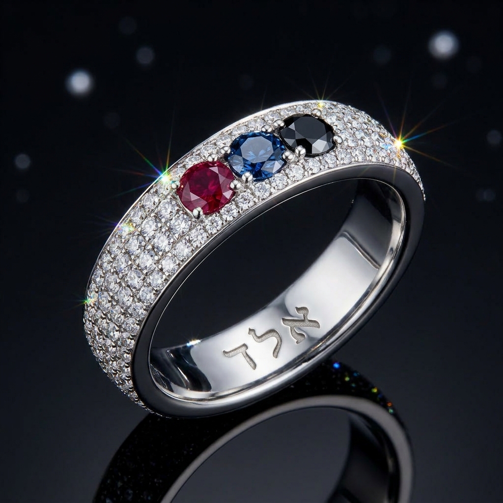 Bague HAssOD Trinity — or blanc 18k pavé diamants, trois pierres centrales rubis, saphir bleu, diamant noir, gravure hébraïque intérieure