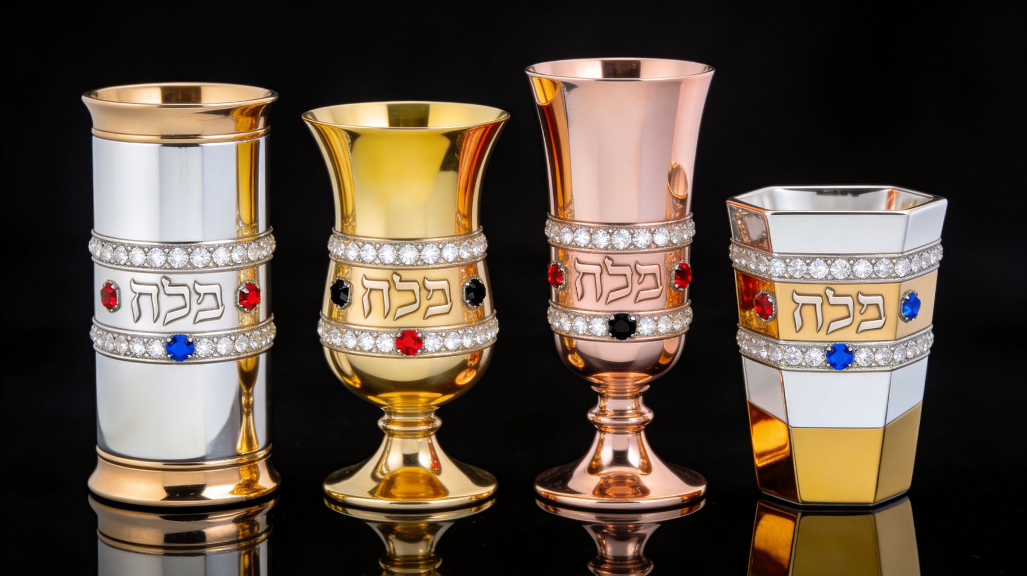 HAssOD Articles Sacrés — quatre verres de Kiddouch en argent, or jaune, or rose, et bichromie, sertis de diamants et pierres précieuses