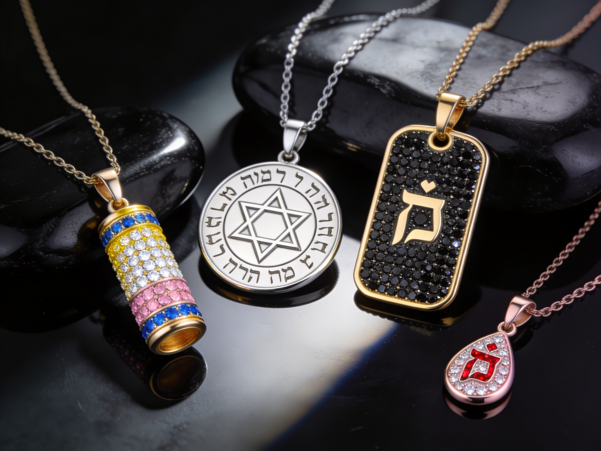 Pendentifs HAssOD collectors : médaillon Étoile de David, dog tag pavé diamants noirs, pendentif goutte