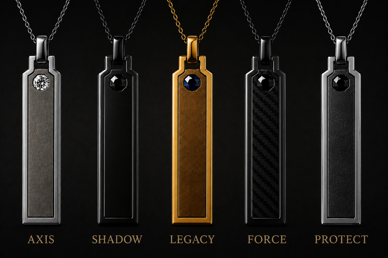 HAssOD — Les Invisibles · Les cinq pendentifs alignés : AXIS, SHADOW, LEGACY, FORCE, PROTECT