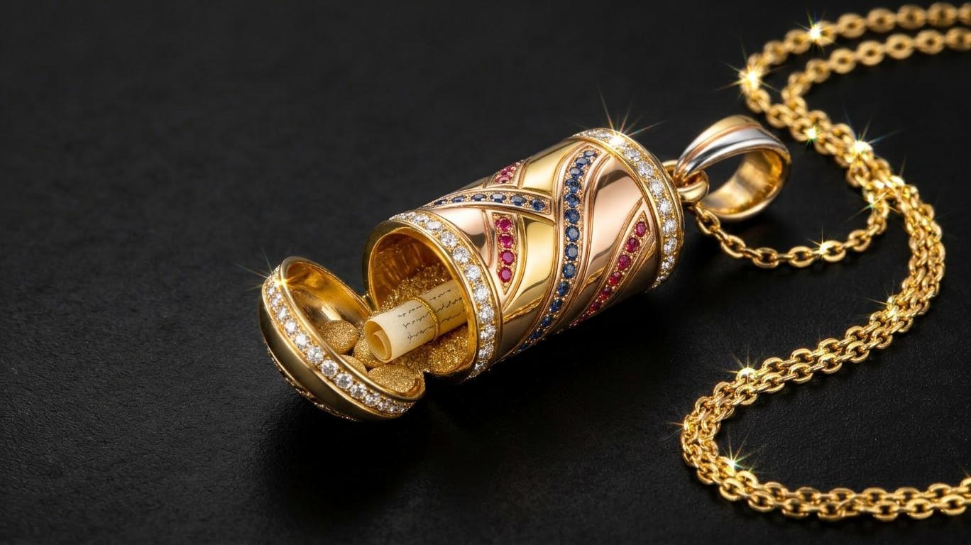 Mezouza-pendentif HAssOD or jaune 18k ouvert, révélant son parchemin manuscrit, sertissage diamants saphirs rubis en motifs géométriques