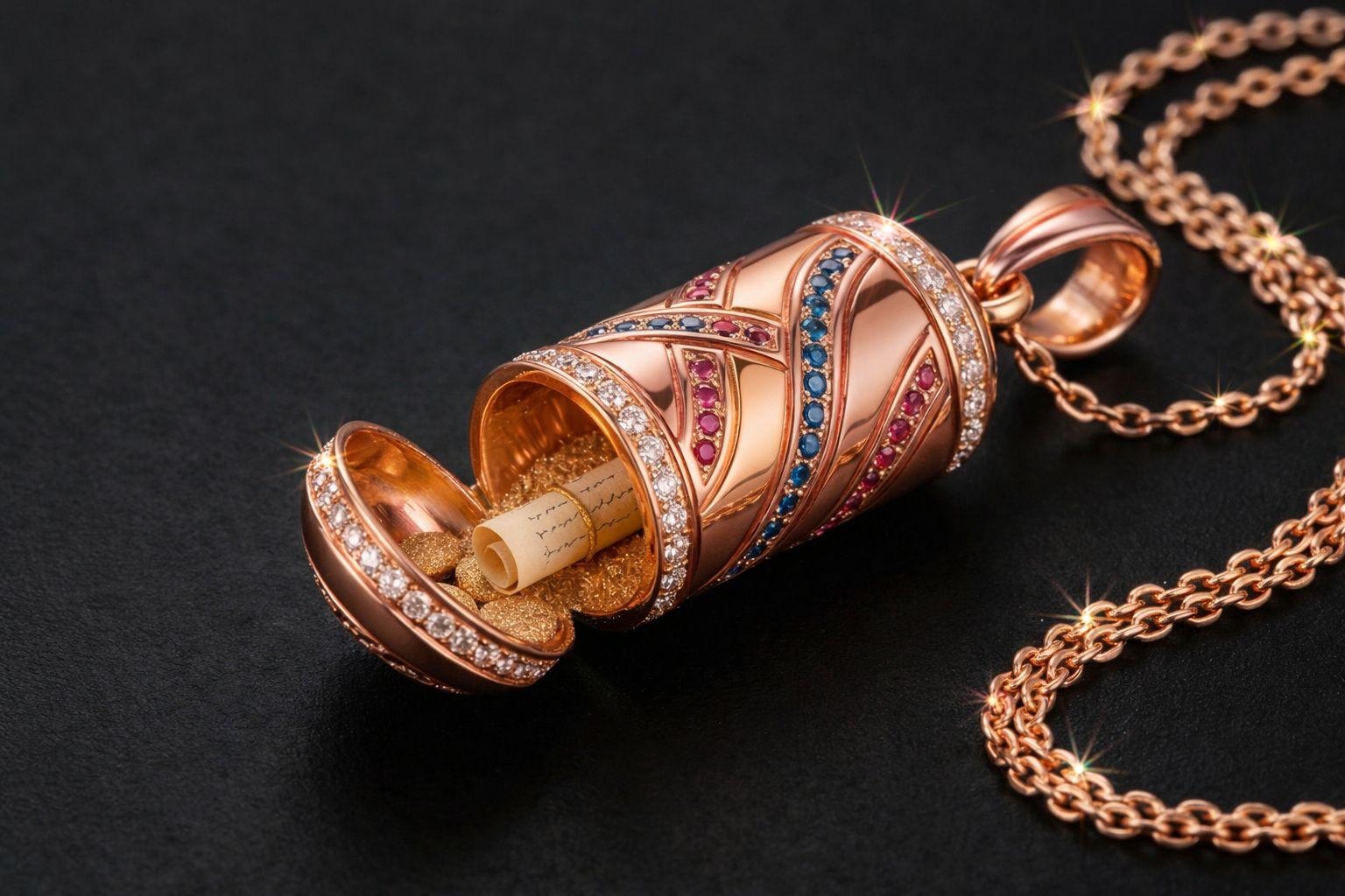 HAssOD — Mezouza-pendentif or rose serti diamants, saphirs et rubis, ouvert sur son parchemin manuscrit